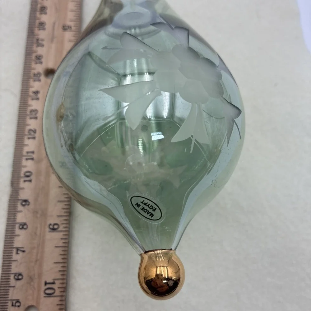 Vintage Egyptian Hand Blown Glass Ornament Green Etched Floral Gold Trim 9.75